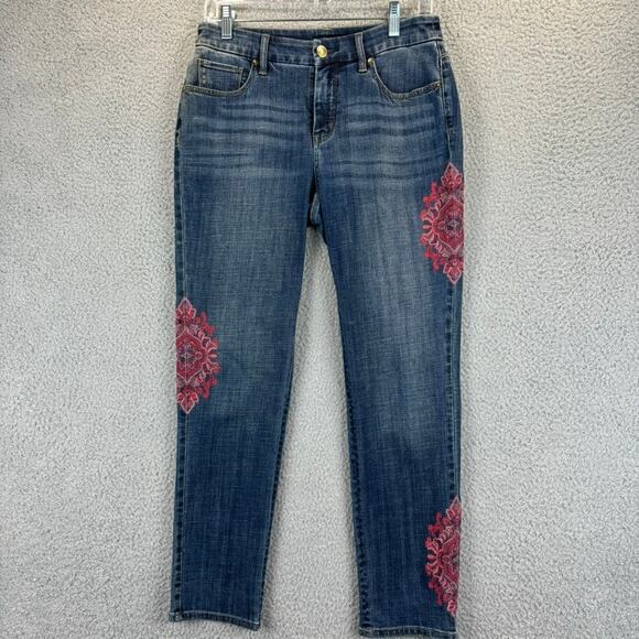 Chicos So Slimming Jeans XS Medallion Embroidered Girlfriend Ankle Pink Red 00R - Picture 2 of 12